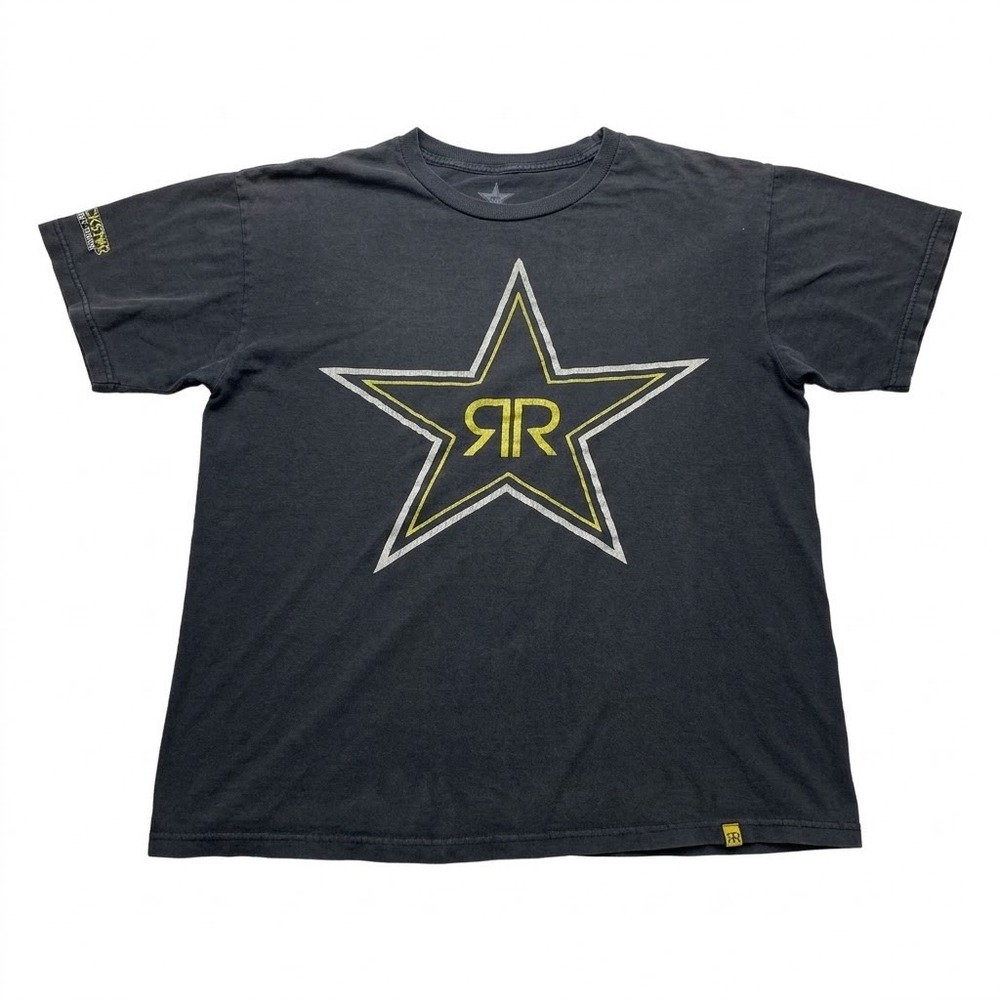 Vintage Y2K Rockstar Energy Drink T-Shirt L Faded Black Big Star RR Logo Grunge